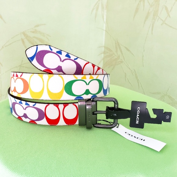 COACH ROLLER BUCKLE CUT-TO-SIZE REVERS. BELT RAINBOW SIGNATURE:NWT PRIDE C4153 - Picture 1 of 10